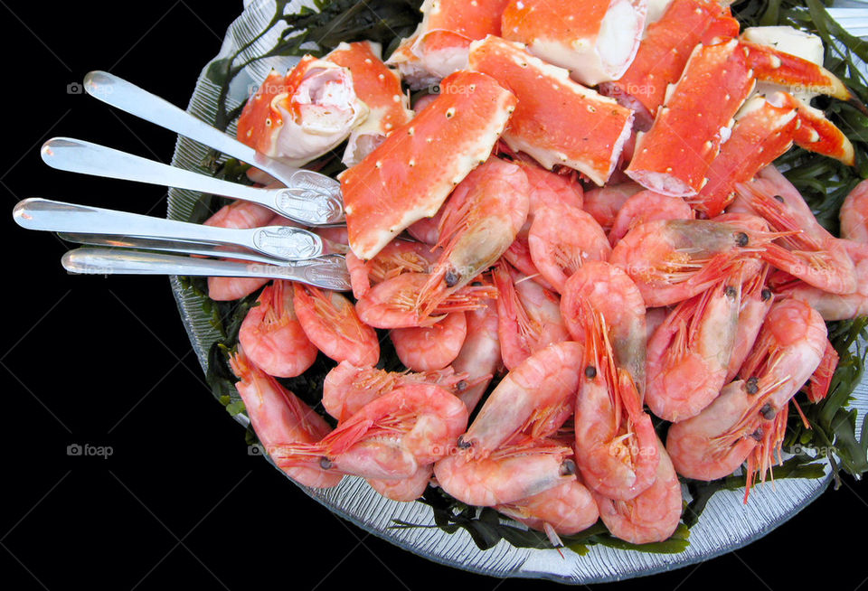 Seafood on a tray.