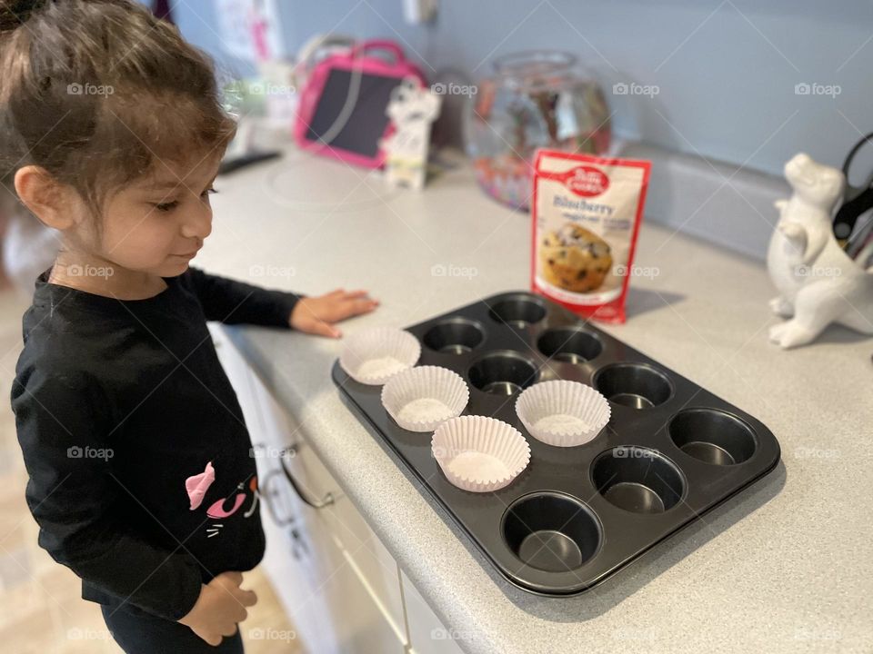 Toddler bakes muffins, making Betty Crocker blueberry muffins with kids, baking with toddlers, using premixed muffin mix, making Sunday morning breakfast 