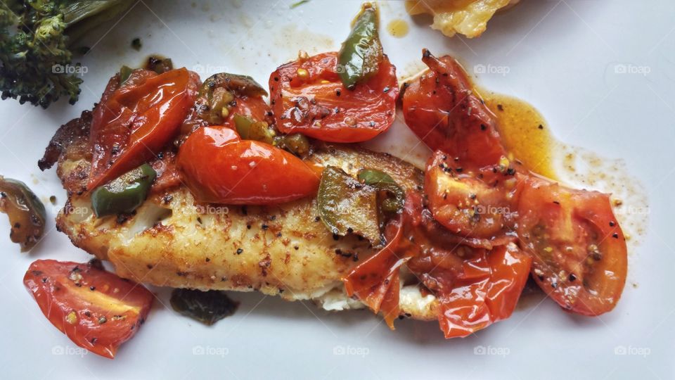 Food. Tilapia Fish with Grape Tomatoes 