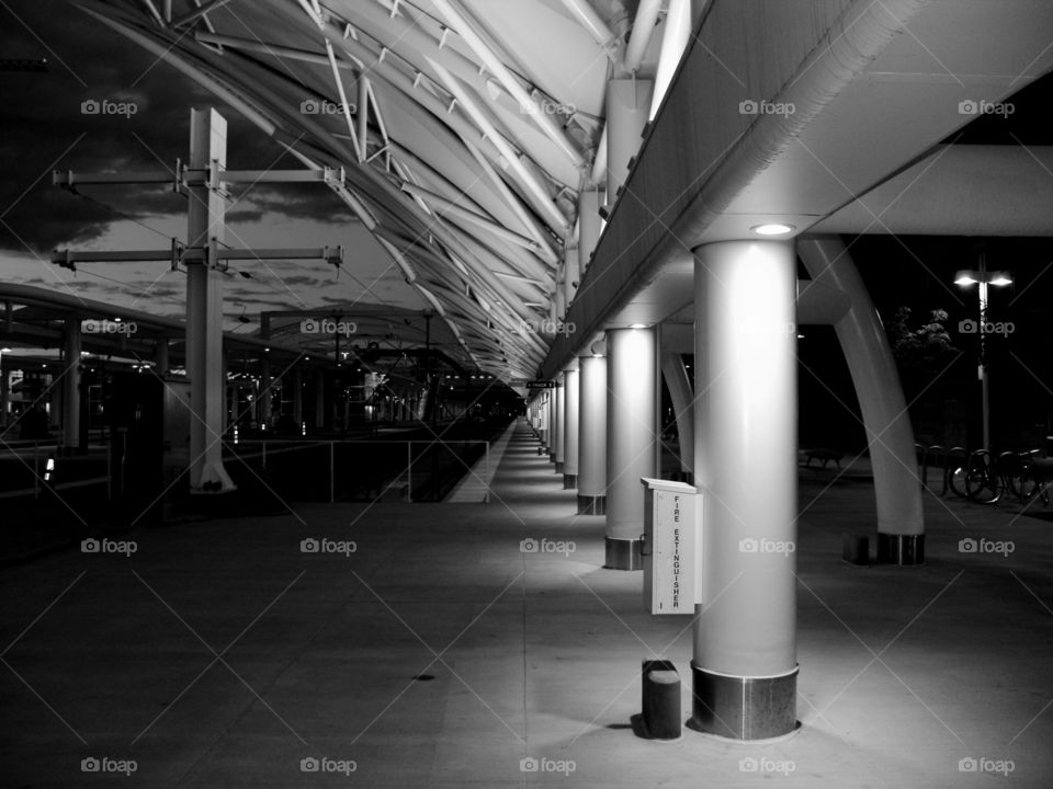 Train on the Way. Light and shadow on the platform of Union Station in Denver, Colorado.