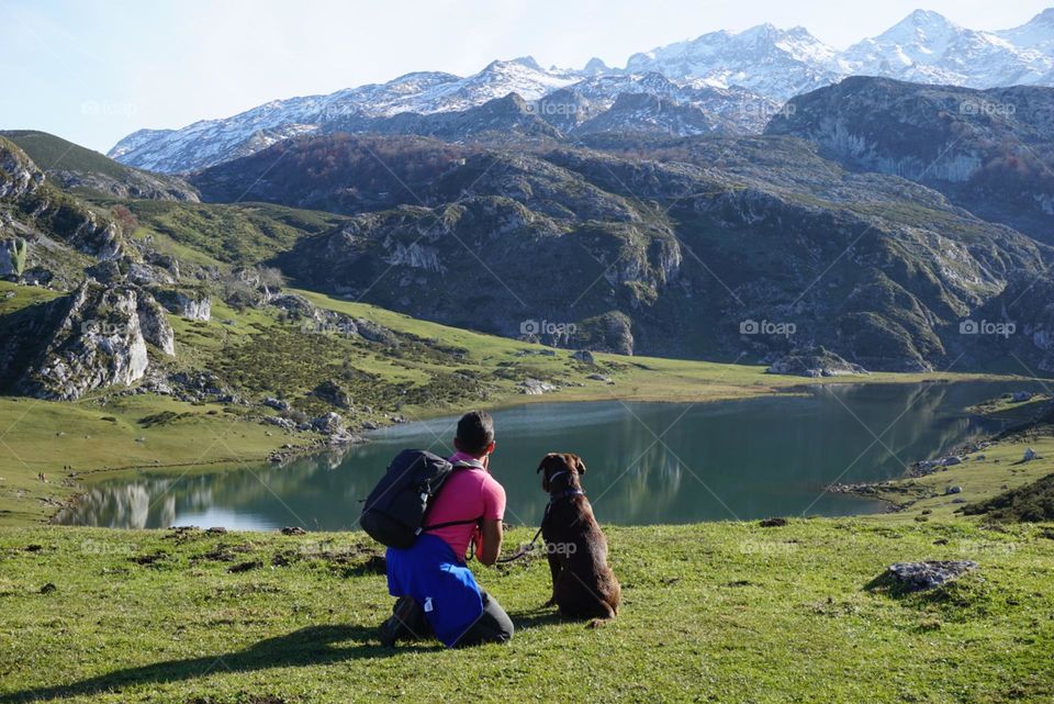 Nature#lake#mountain#human#dog