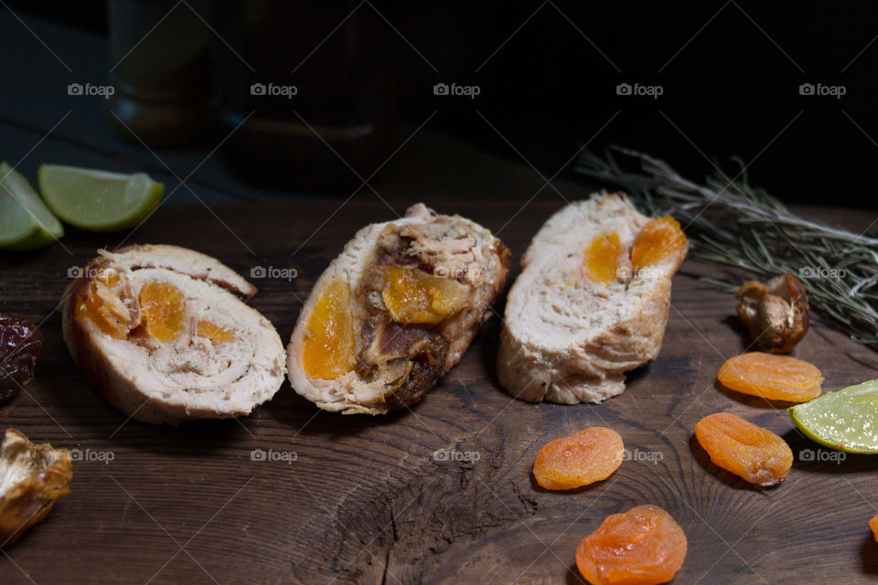 Chicken Ballotine stuffed with dates and dried apricots