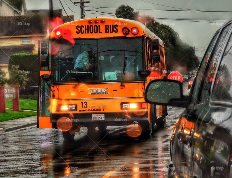 School bus on rainy morning