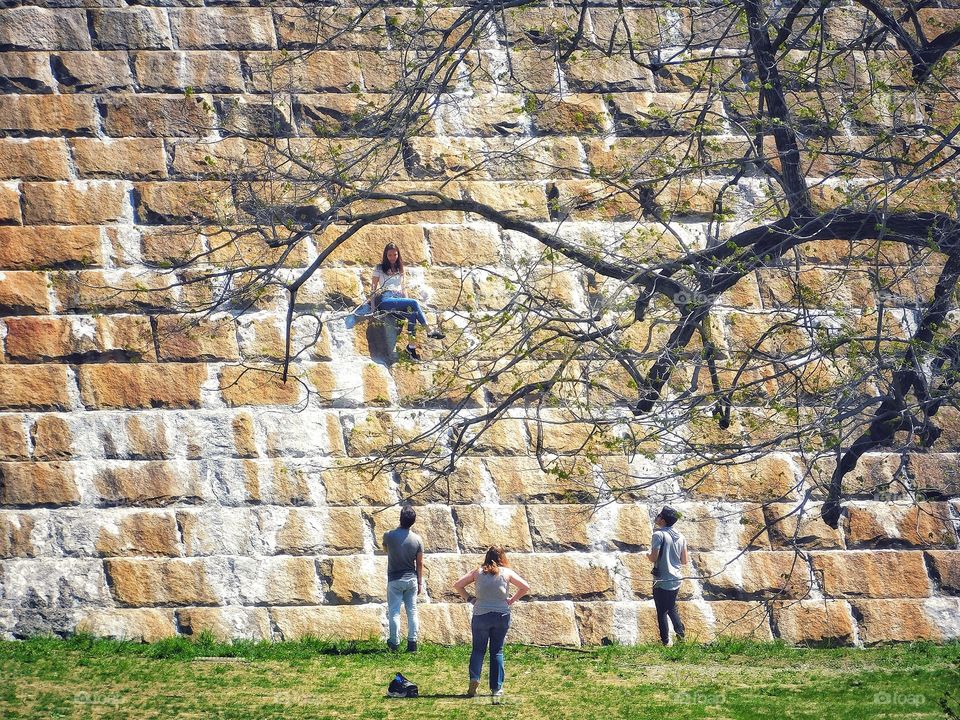 New Croton Dam at Croton Gorge, twenty somethings climbing the dam for pix...