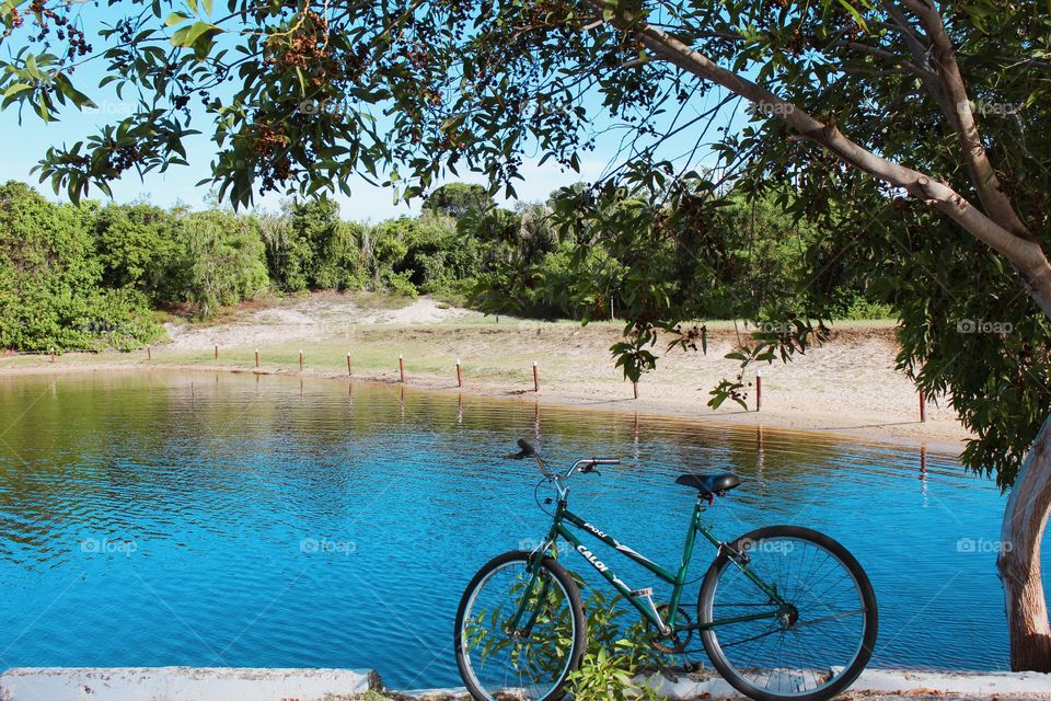 Beautiful view of the lake with a bike