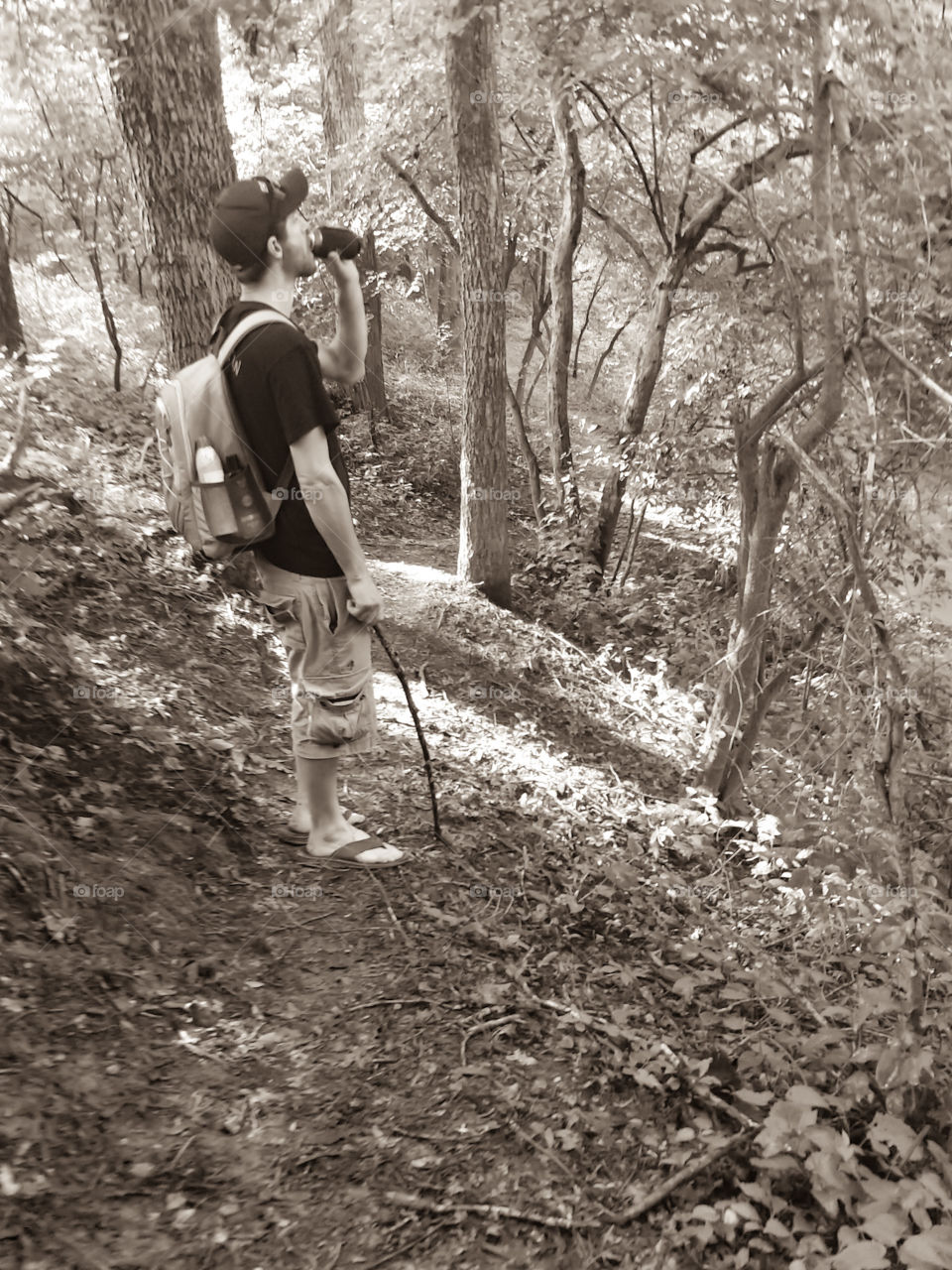 Man hiking through the woods with backpack, walking stick stopping to take a sip of beer.