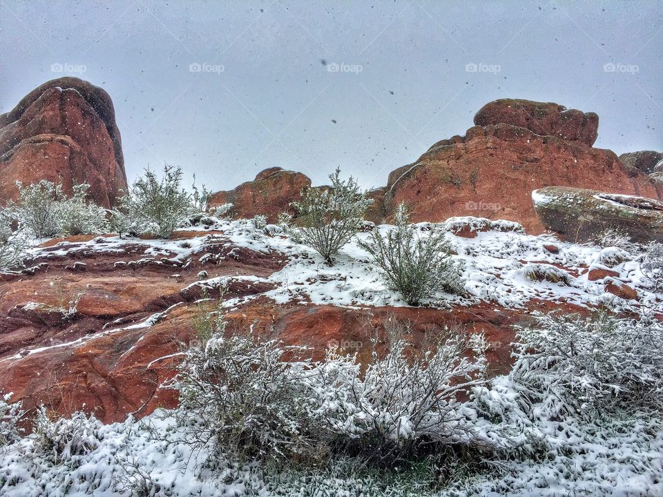 Snowy red rocks, Colorado 