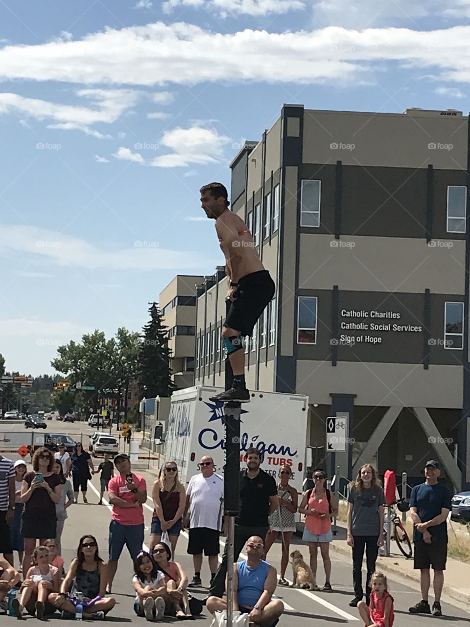 Pogo Fred on a giant pogo stick at Centre Fest in Red Deer.