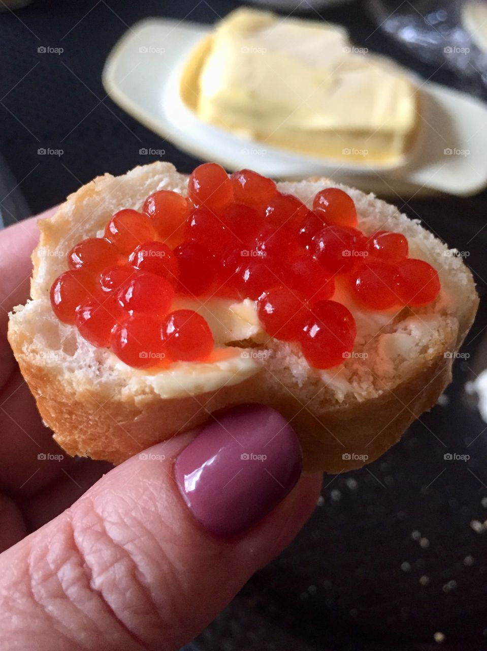 Bread with red caviar