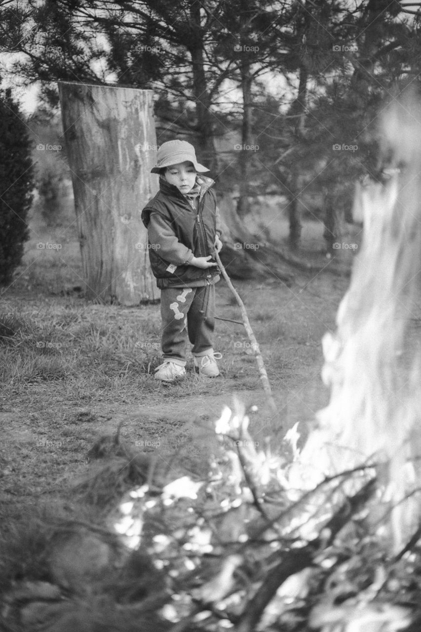 Boy at campfire. Boy holding a stick in a campfire