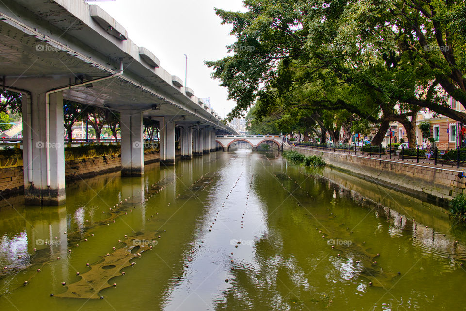 bridge view through smooth water