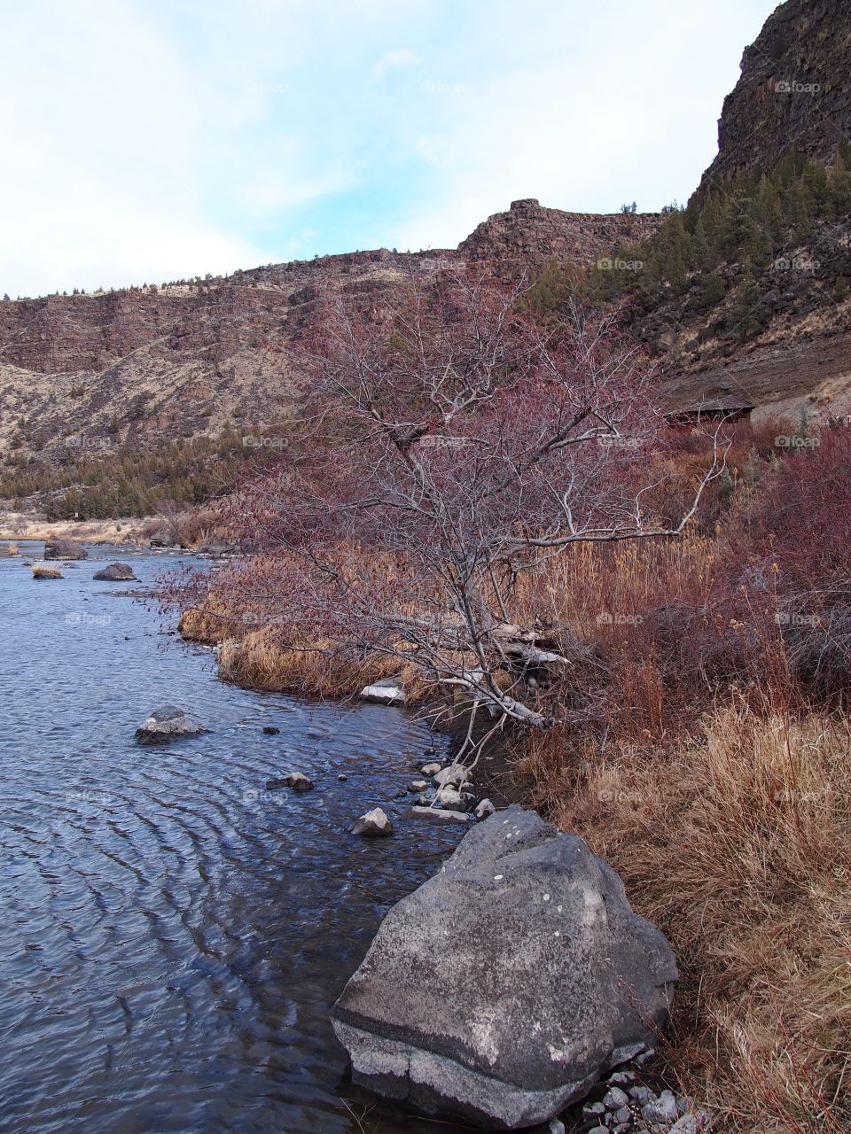 A large boulder on the banks of the Crooked River in a canyon in Central Oregon. 