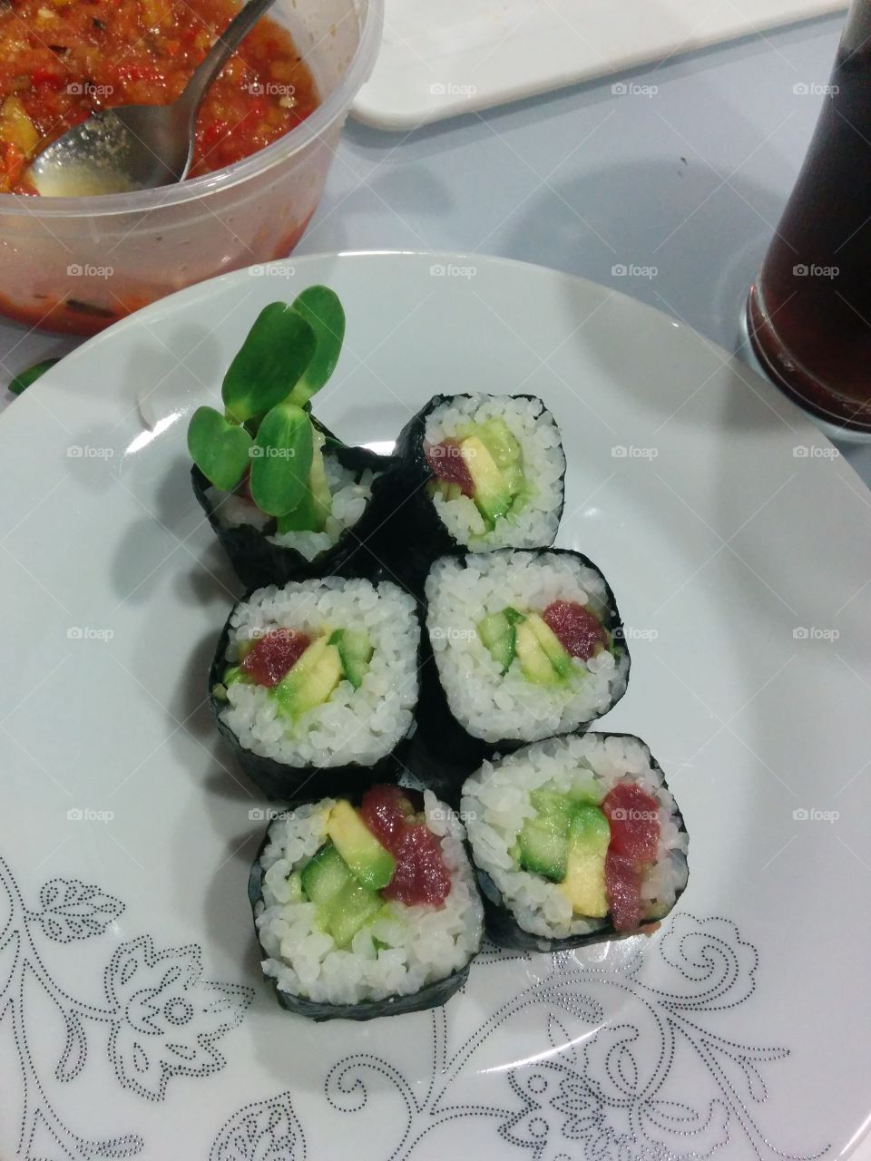 Homemade Sushi. First time making sushi at home, tuna rolls. Delicious!