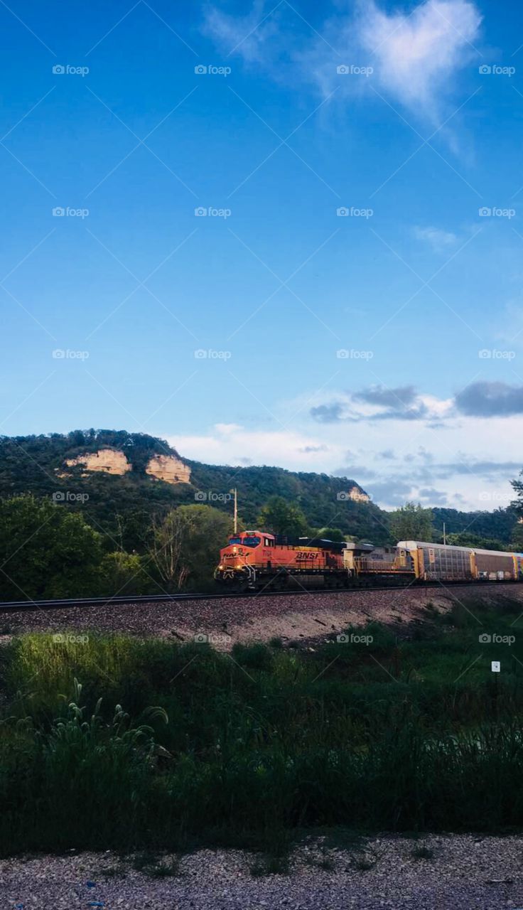 Train passing through Nelson, Wisconsin, USA - Twin Bluffs