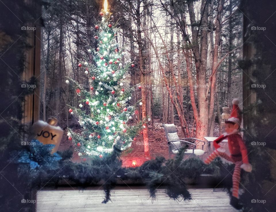 Elf on a shelf looks out at outdoor Christmas scene.