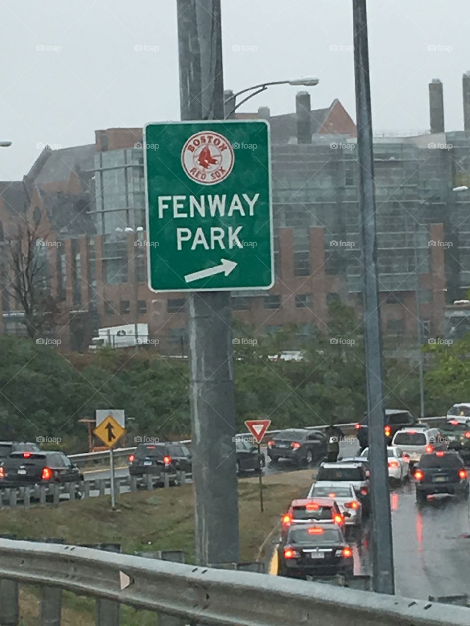 Exit for night game at Boston's Fenway Park, Red Sox Game, traffic jam with tail lights!