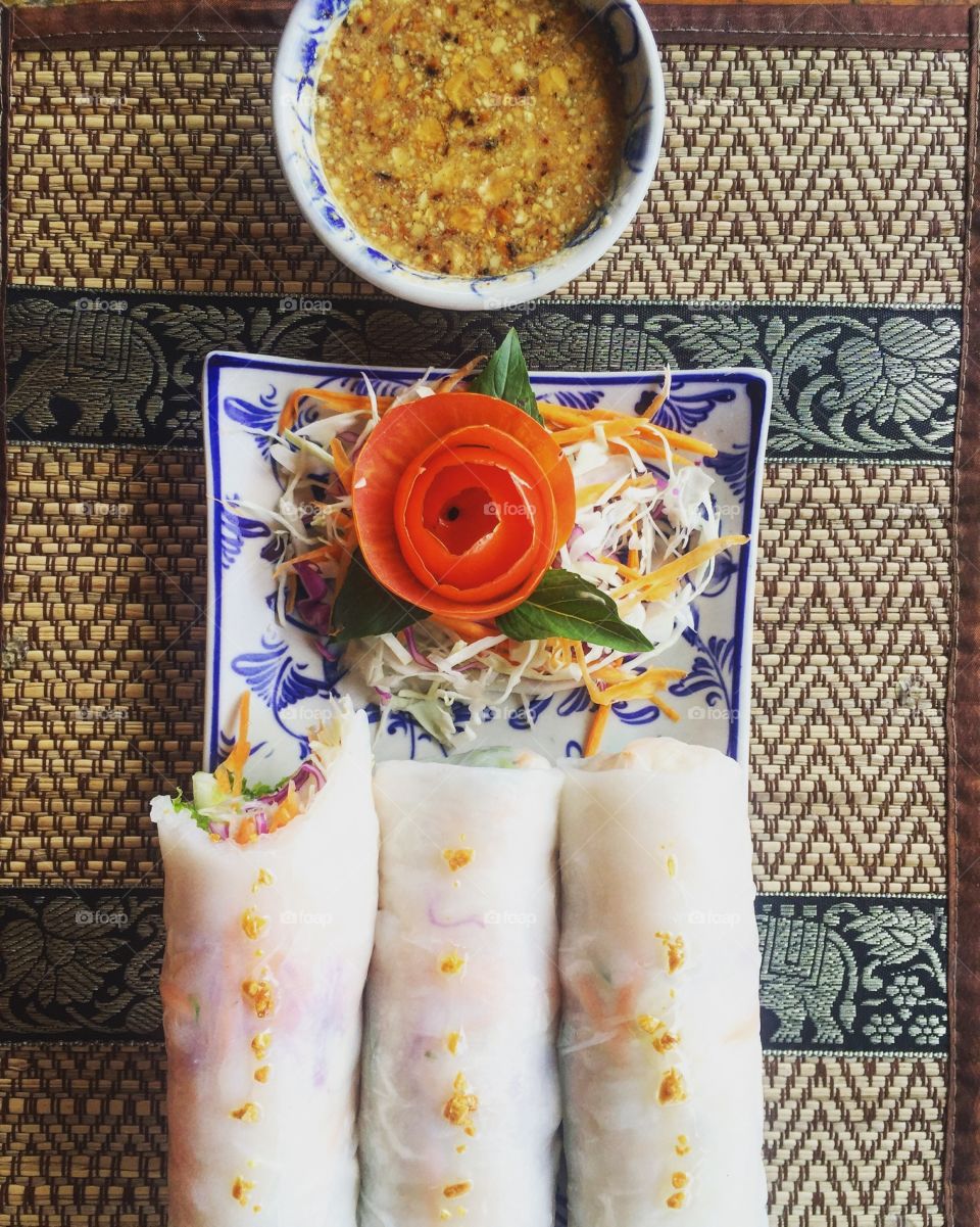 High angle view of spring rolls