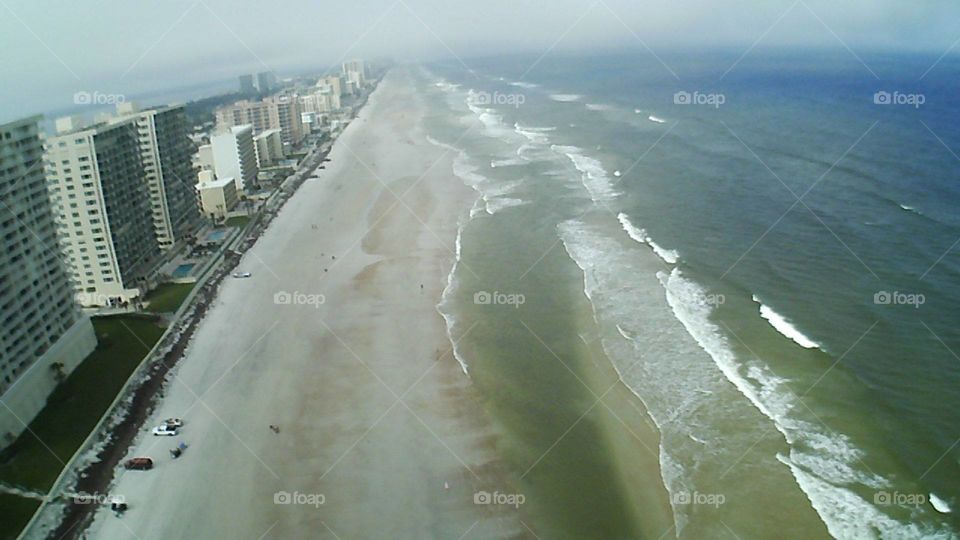 skyline, ocean, sand, Drone view.