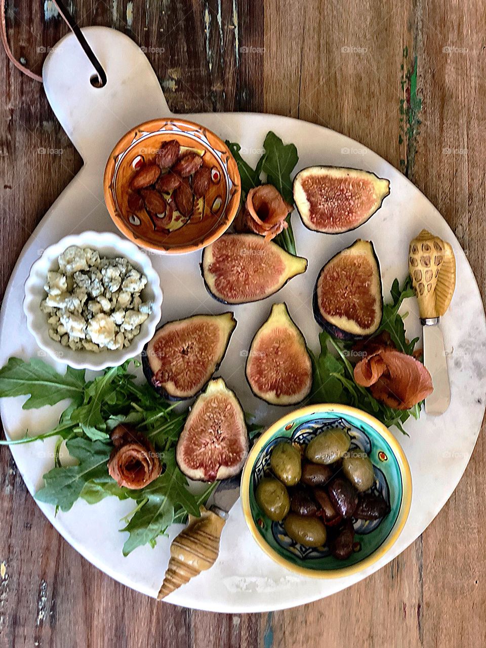 Foap Mission Fruits! Fresh Figs With Olives, Almonds, Blue Cheese, Arugula and Salmon Appetizer Plate! 