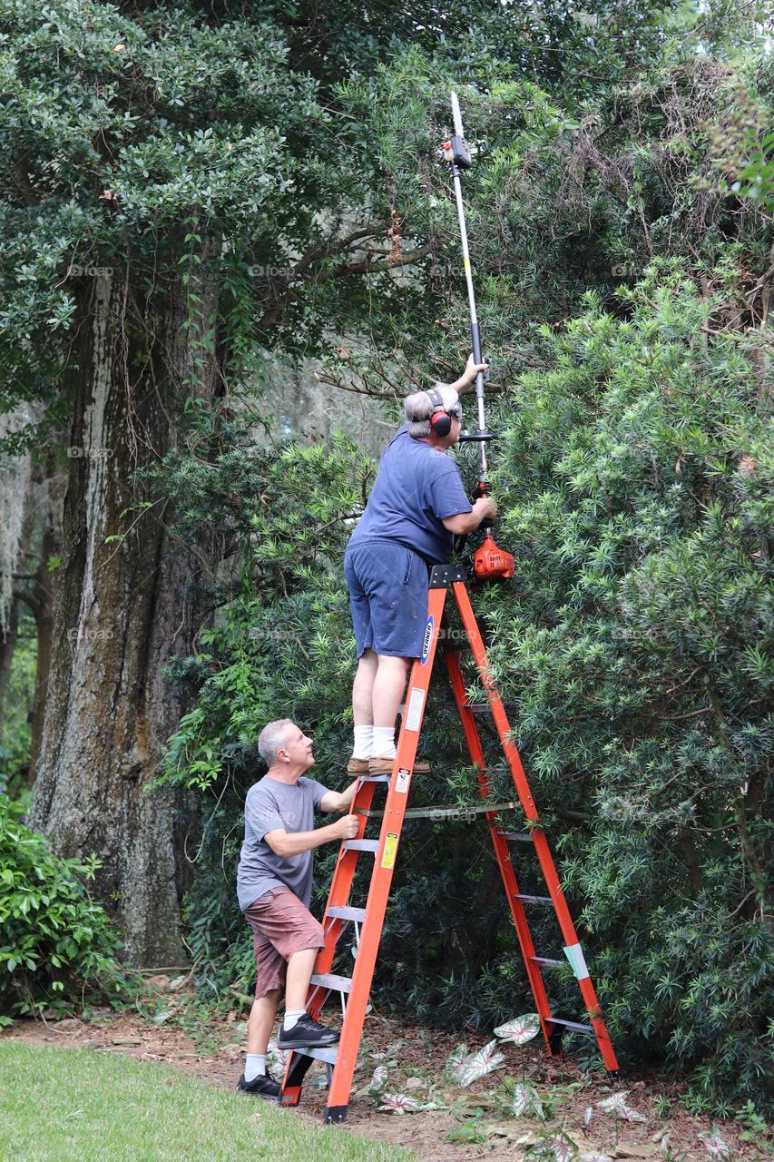 Men love power tools two brothers helping each other with yard work