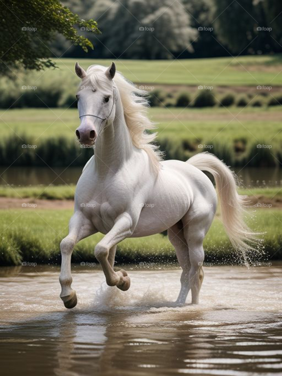 A beautiful white horse running in the river