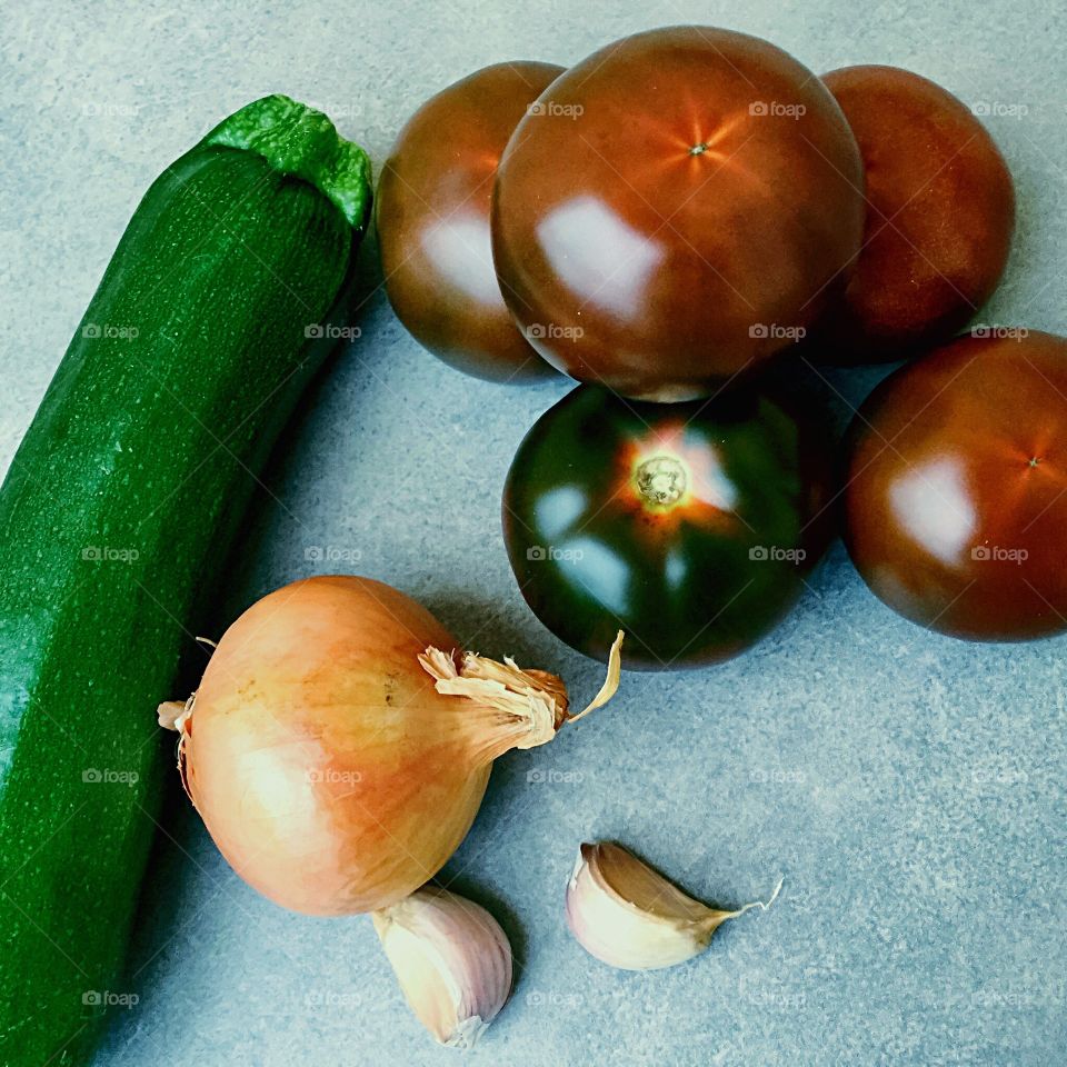 Tomatoes Brown Zucchini Green Onion Garlic 