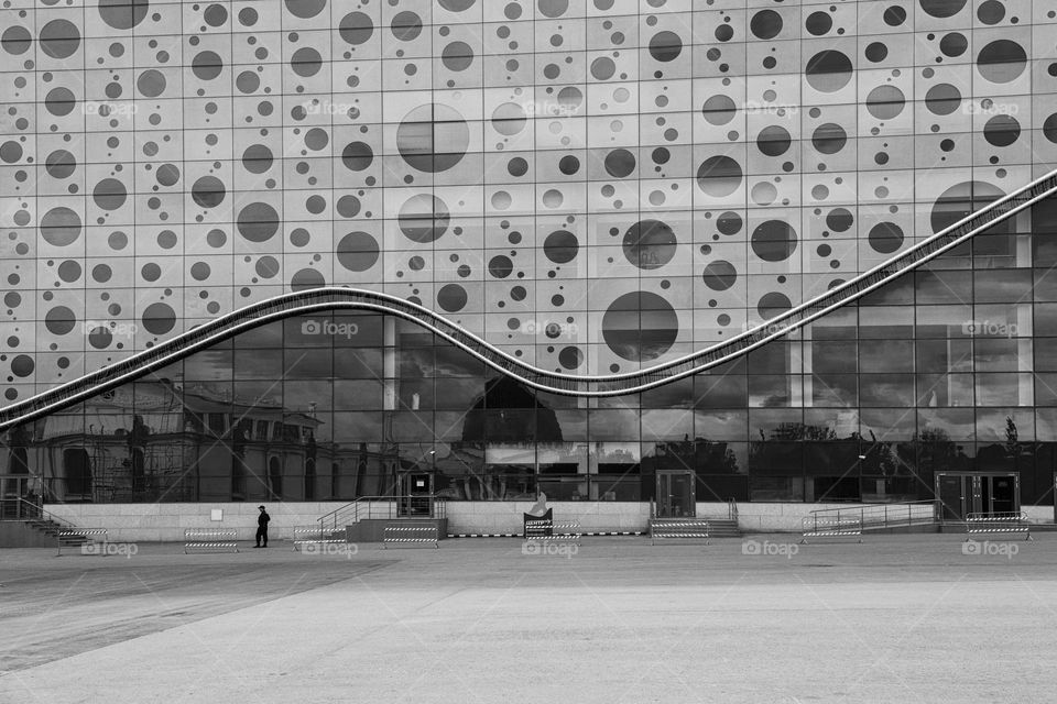 Moscow aquarium building black and white