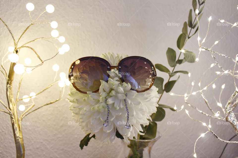 White chrysanthemum with sun glasses and earrings nose and lights.