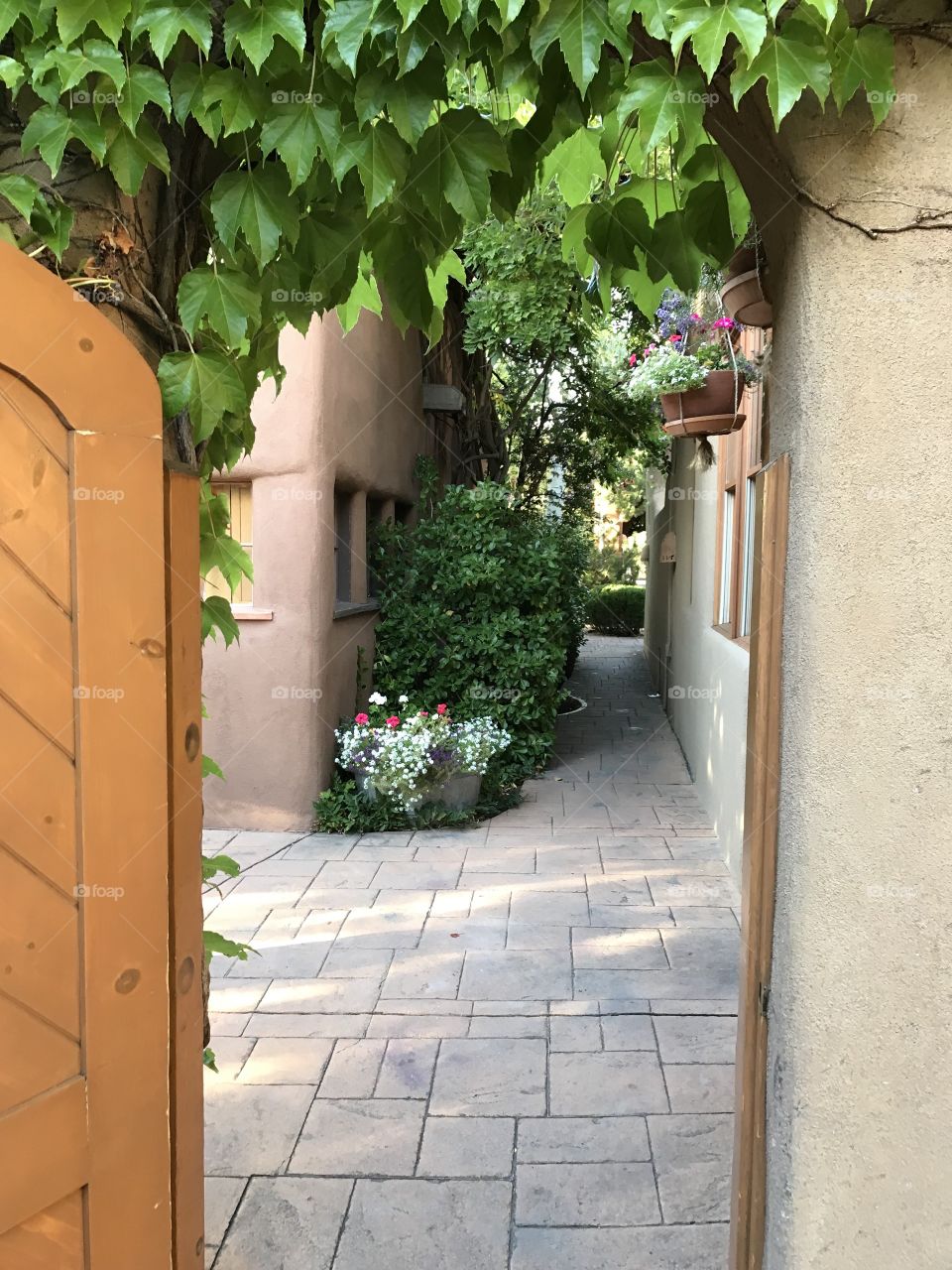View through doorway to courtyard in Santa Fe, New Mexico, with traditional adobe architecture