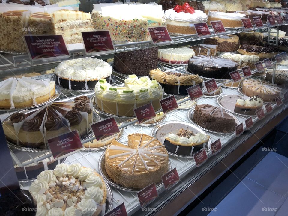 Fresh cheesecake in a bakery case