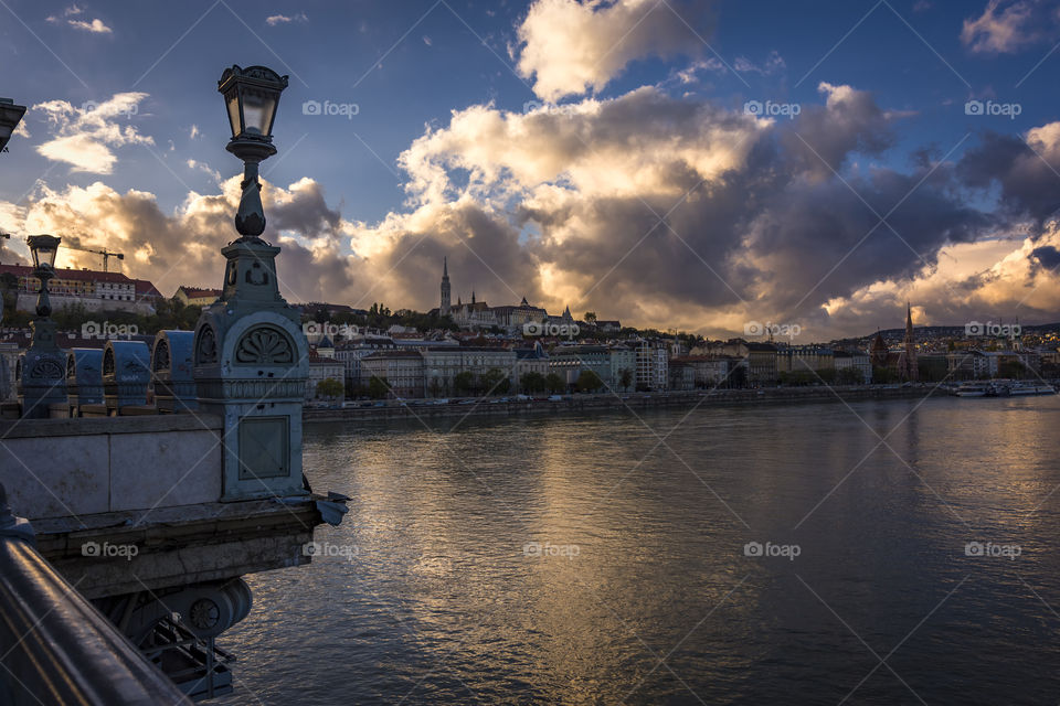 Buda, view from the chain bridge at sunset.