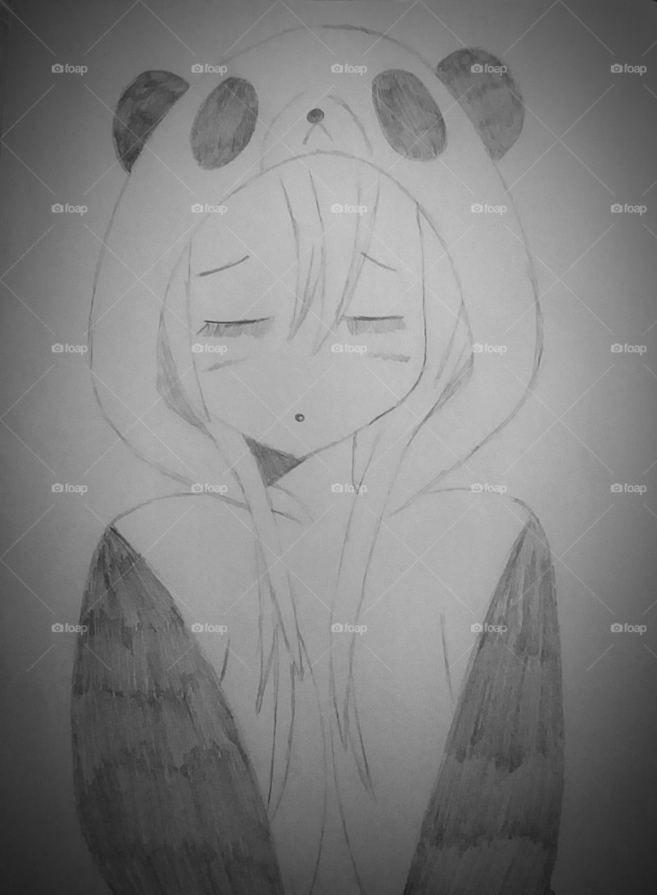 beautiful handrawn anime image of a young girl in a panda hoodie in greyscale