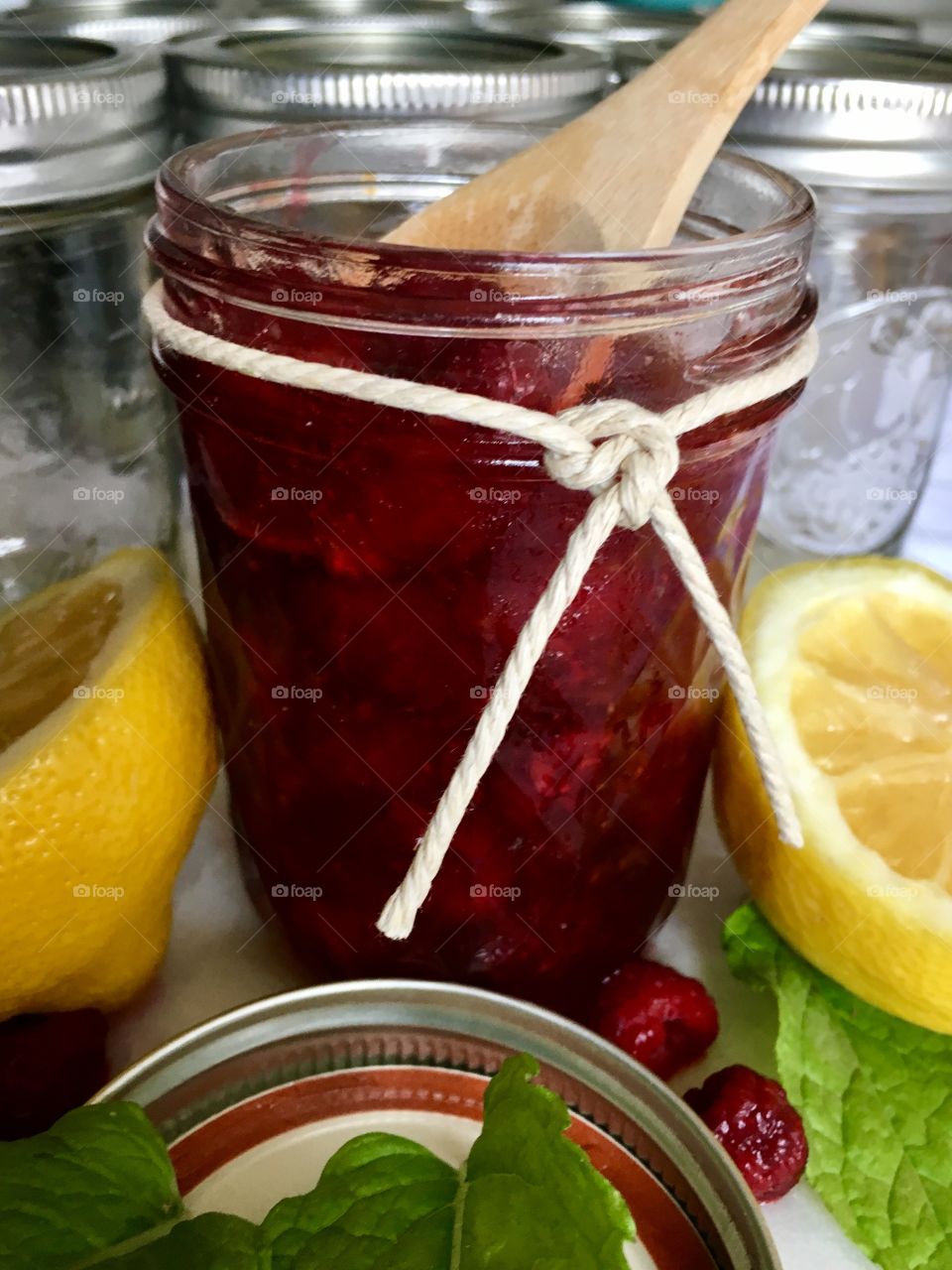 Close-up of jam near lemon