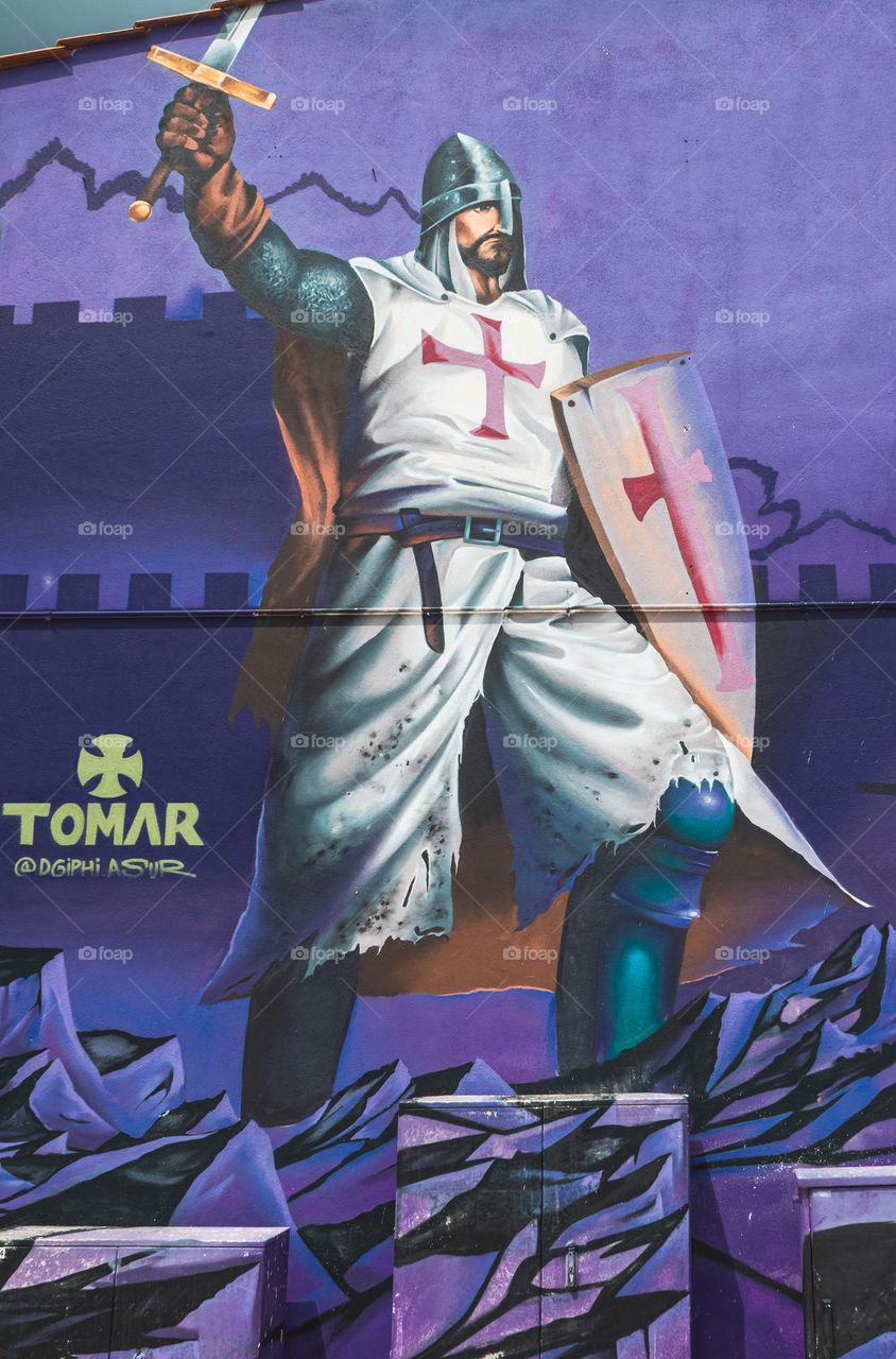 A mural of a Templar Knight by Dgiphi aka Asur in the historic town of Tomar, Portugal 