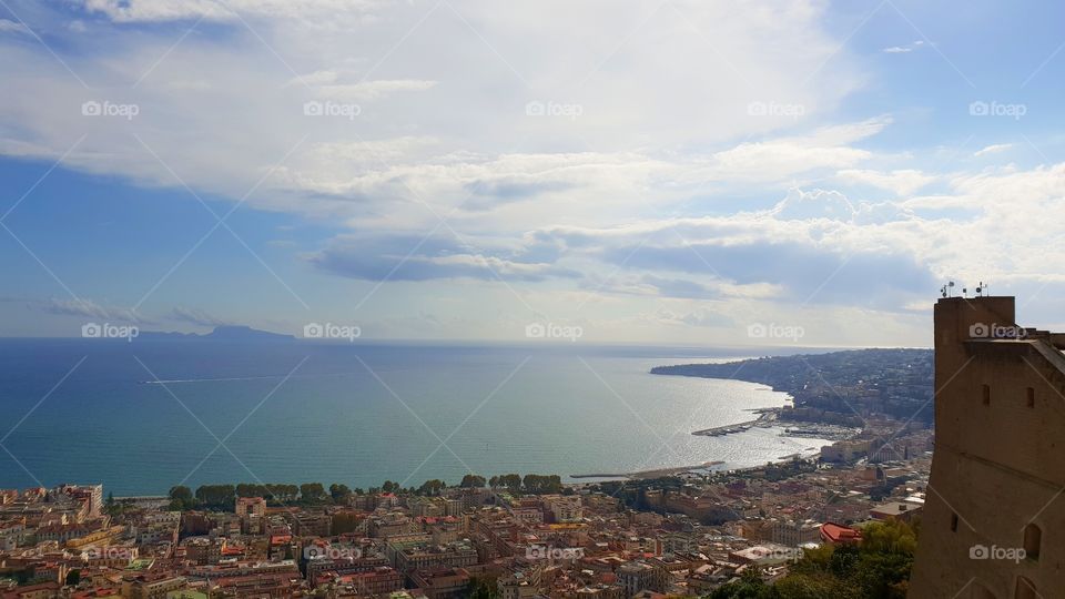 Napoli panorama view from the top of the naples castle.  italian sea from golfo di Napoli