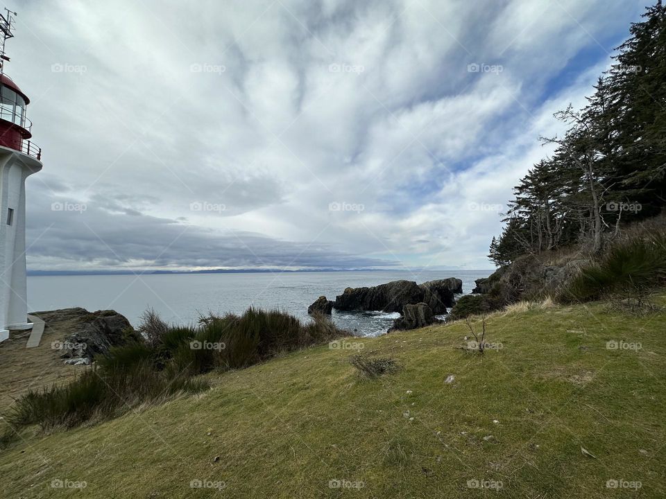 Green grass on the shore and dramatic sky above