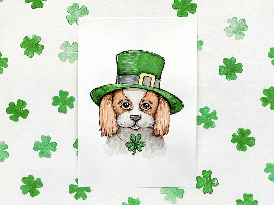 Watercolor sketch, dog in green hat, saint Patricks day, Ireland