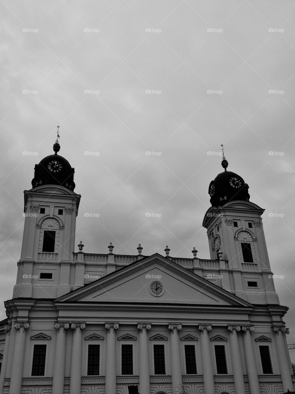 The Great Reformed Church of Debrecen in black and white