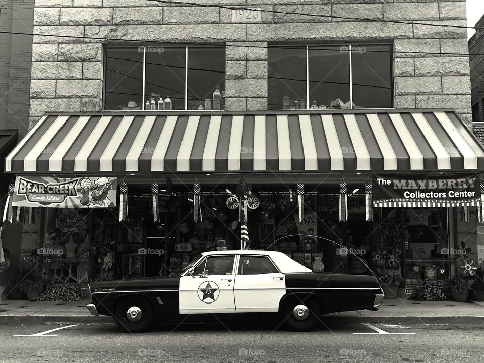 Andy Griffith’s police car in hometown of Mount Airy, North Carolina (aka Mayberry) - B&W