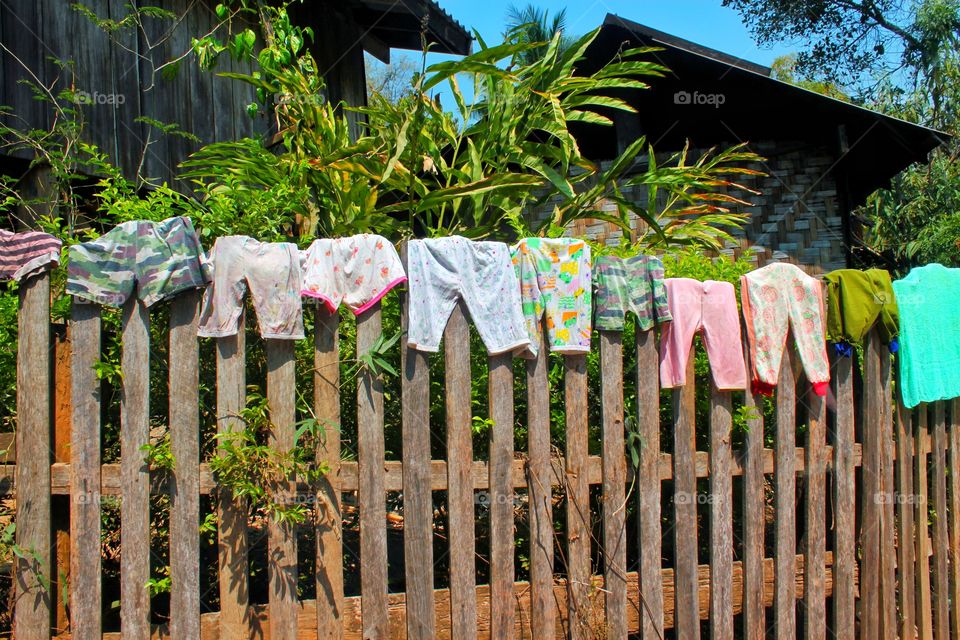 Laundry drying in nature surrounding. Life style in countryside.