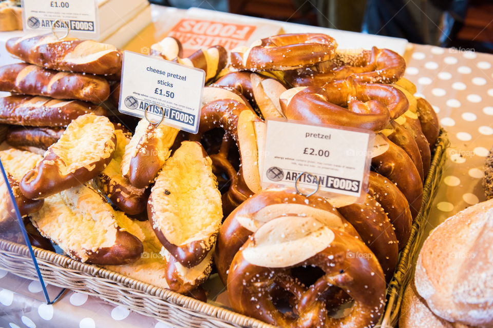 Pretzels at a stand that sells bread at Borough Market in London.