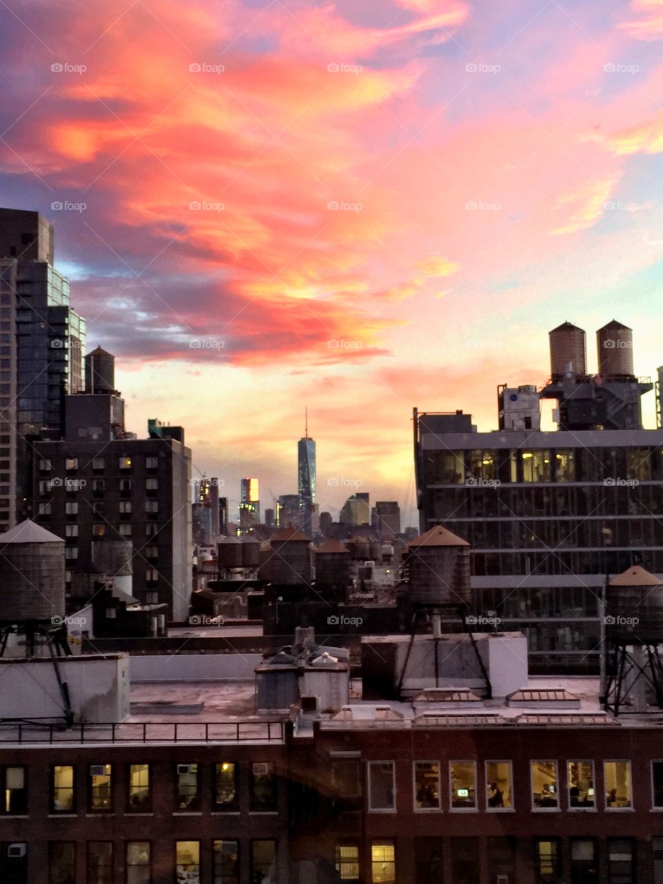 Rooftop view of Freedom Tower, NYC at sunset