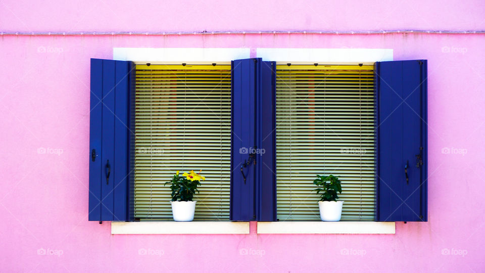 Windows with purple pastel color wall in burano, italy