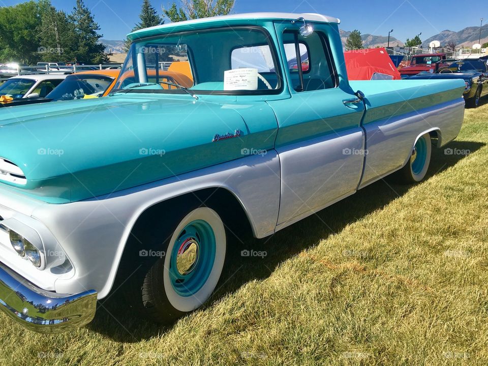 Cool old truck. Ford. Chevy. Antique. Relic. Echo blue. Turquoise. Ride. Truck.
