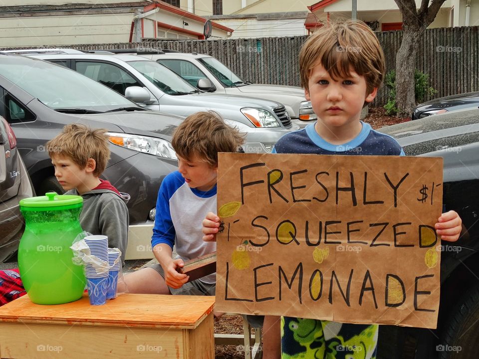 Family Lemonade Stand. Young Brothers Selling Homemade Lemonade
