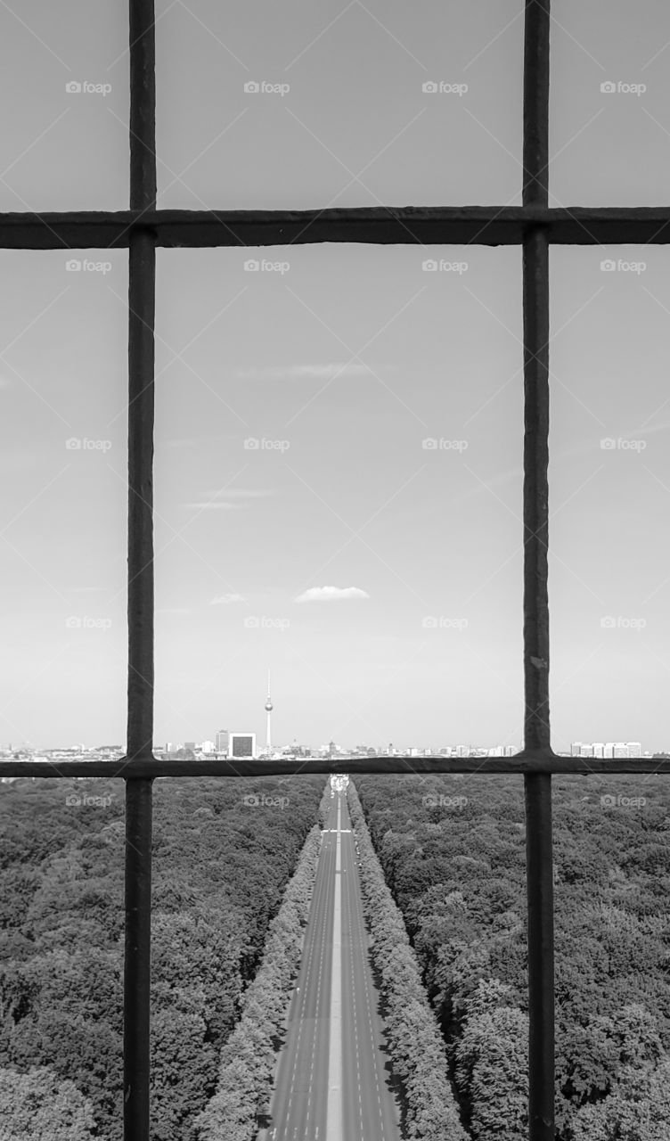 Summer cityscape with park, road and clear sky, view from above through the bars.  Center of Berlin, view from the victory column