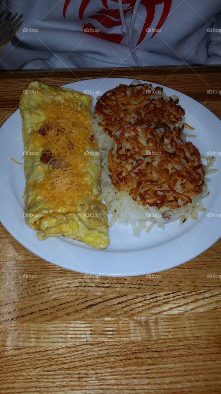Omelet and Hash browns for breakfast