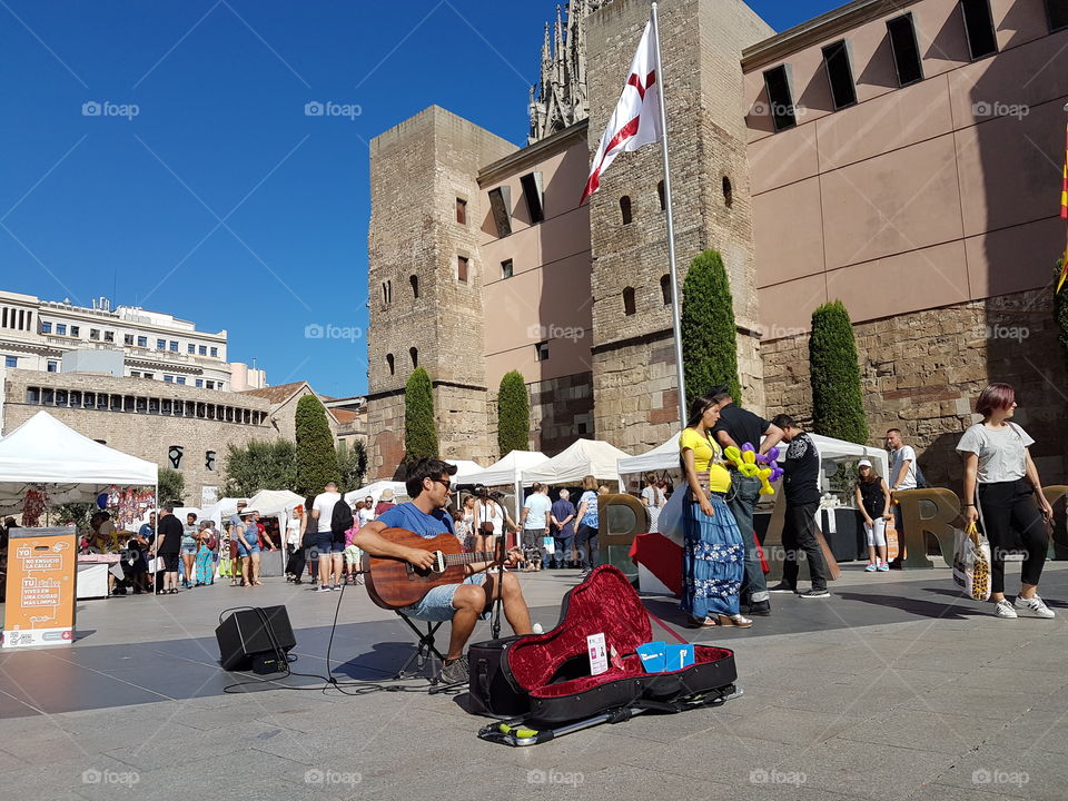 music in the air.  Barcelona Barcelone view great panoramic song guitar singer