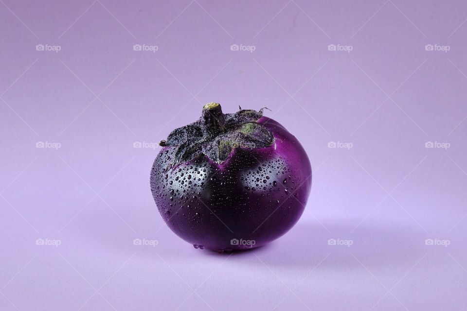 Close-up of round eggplant with water drops isolated on lavender colored background. 