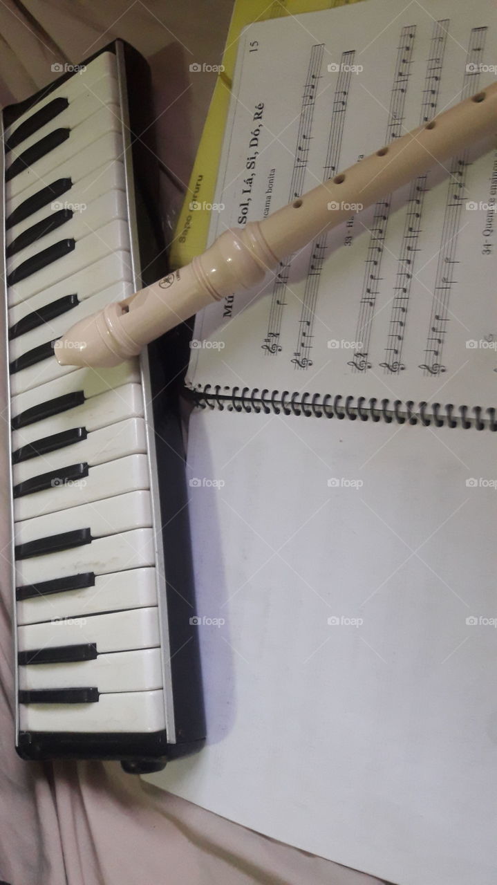 Instrumentos musicais, escaleta e flauta doce. Um livro de partitura musical.
